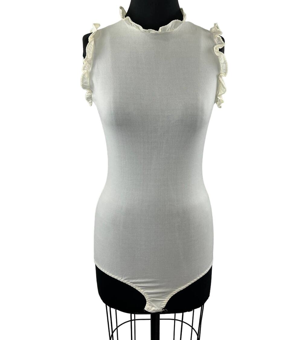 Vintage Pantilon by Penn-Dale White Ruffle Trim Sleeveless Back Zip Bodysuit OS